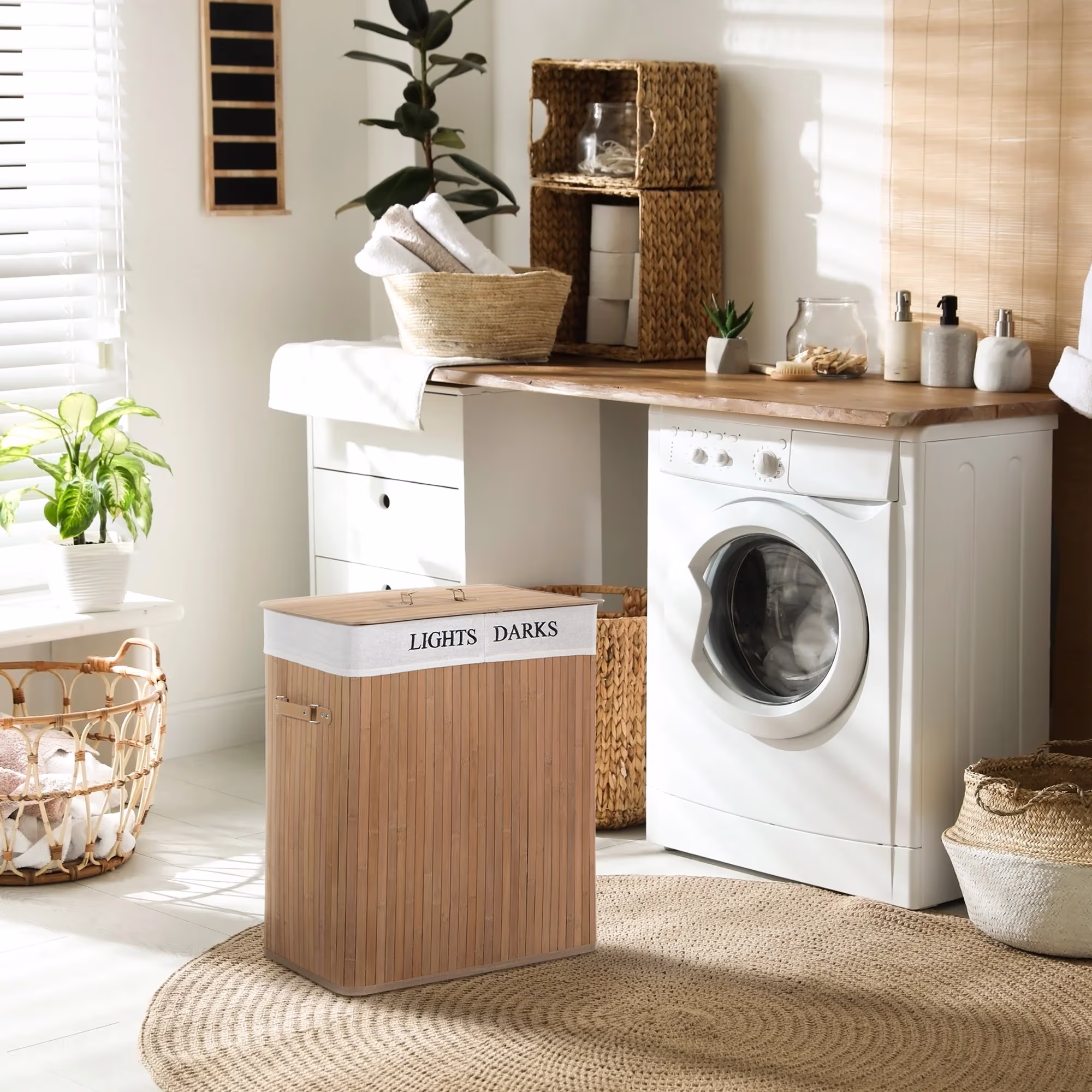 Bambus vasketøjskurv med låg 100L med aftagelig vasketøjspose