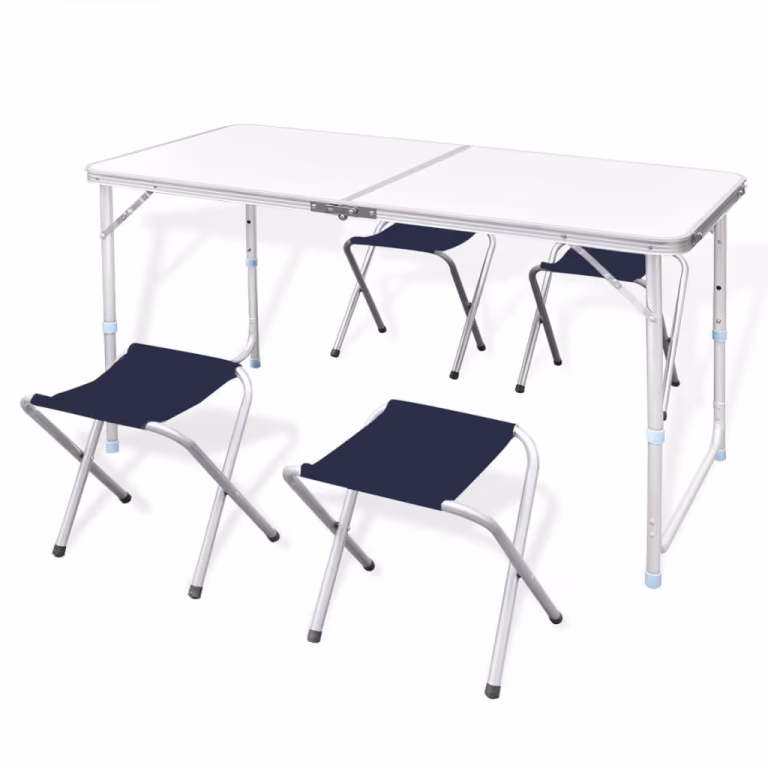 Campingbord og 4 klapstole højdejustérbart 120 × 60 cm