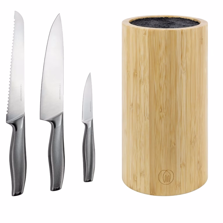 Essentials knivsæt, 3 stykker med knivblok i bambus