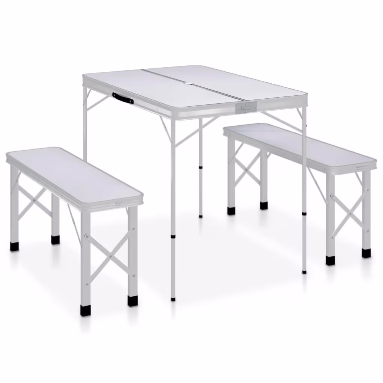 Foldbart campingbord med 2 bænke aluminium