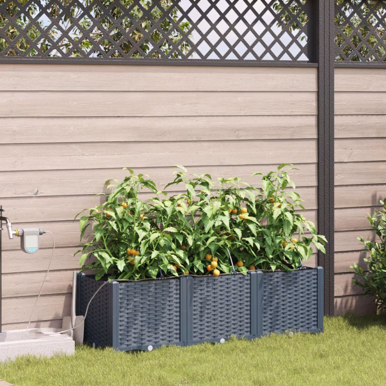 Have Blomsterkasse Sæt med Vandingssystem 3 stk Lysegrå