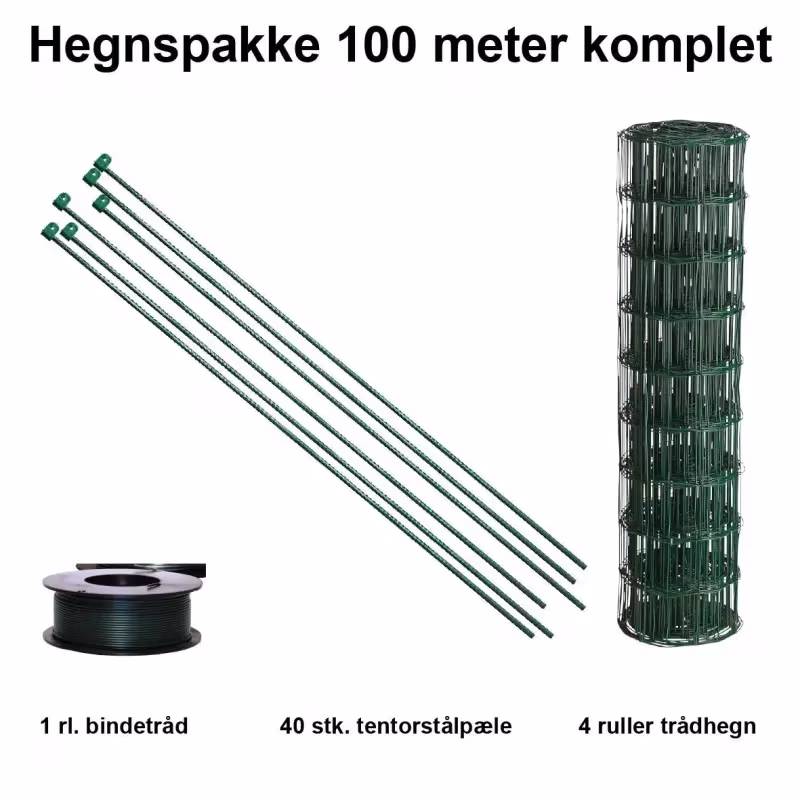 Havehegn 100 m trådnet med 40 pæle, maske 10x10 cm