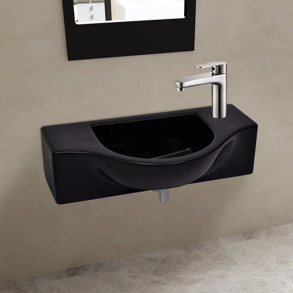 Keramisk væghængt håndvask med hanehul – sort, 45 cm