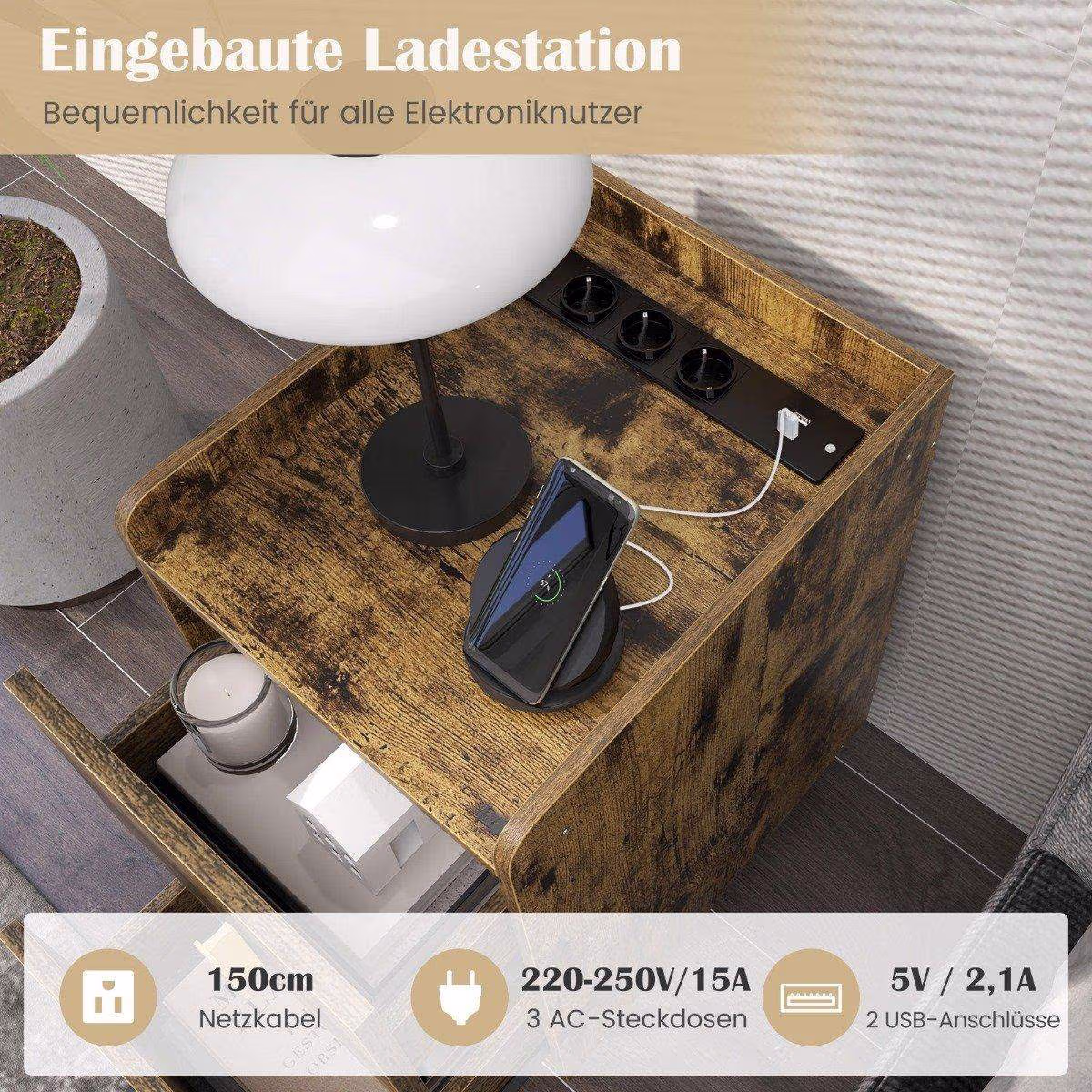 Natbord med ladestation, USB-porte og 2 skuffer