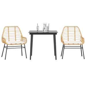 3 dele spisebordssæt til haven med hynder i polyrattan og glas