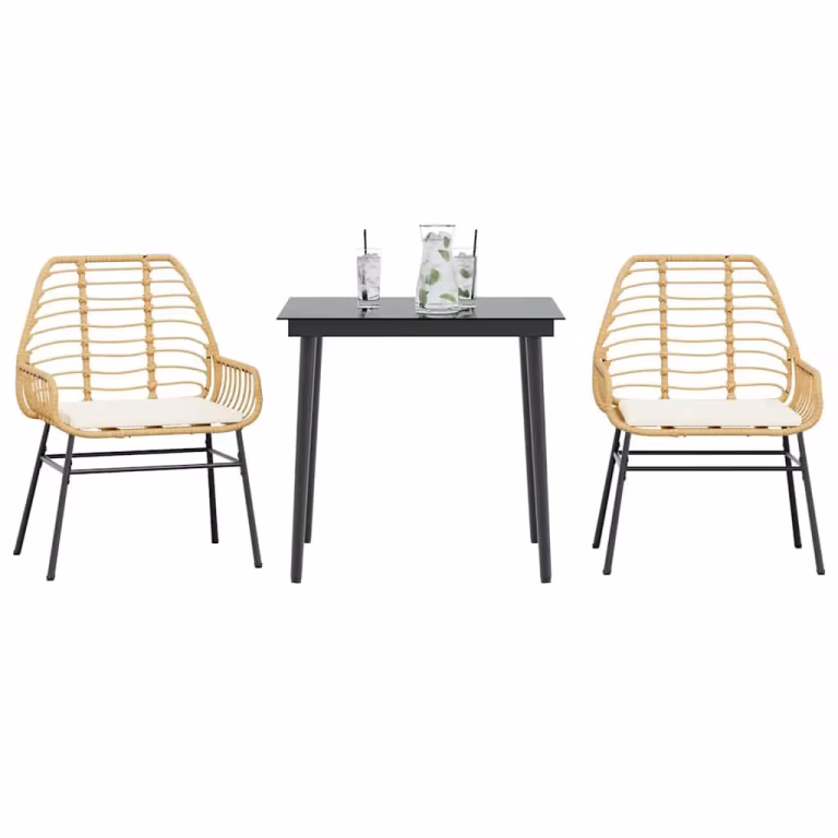 3 dele spisebordssæt til haven med hynder i polyrattan og glas