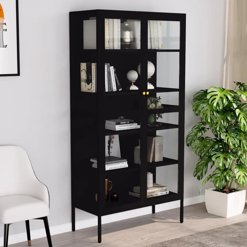 Udstillingsskab i stål og hærdet glas – 90×40×180 cm, sort