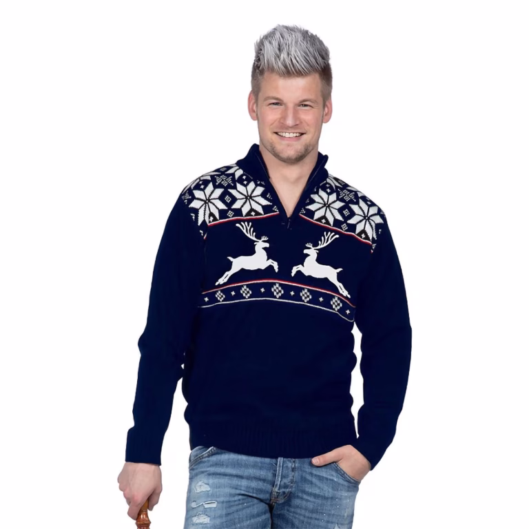 Blå julesweater med rensdyr og lynlås