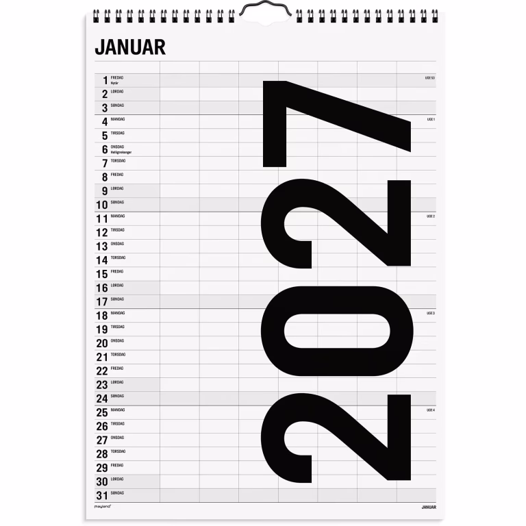 Familiekalender Black and White 7 kolonner 2027