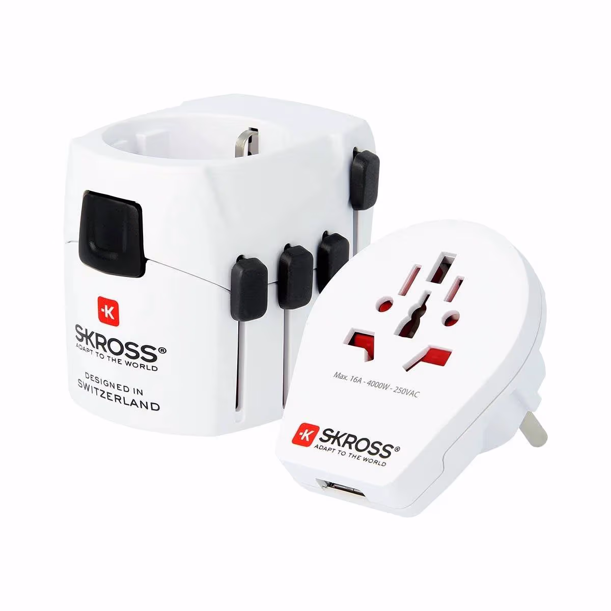Kraftfuld 3-polet verdensrejseadapter med dobbelt USB