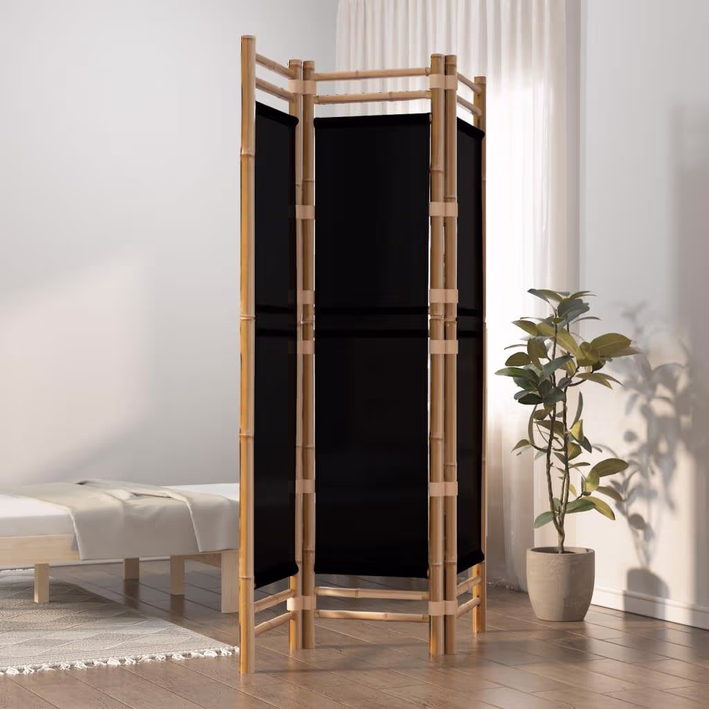 Livera 3-panels foldbar rumdeler i bambus og sort kanvas 120x180 cm