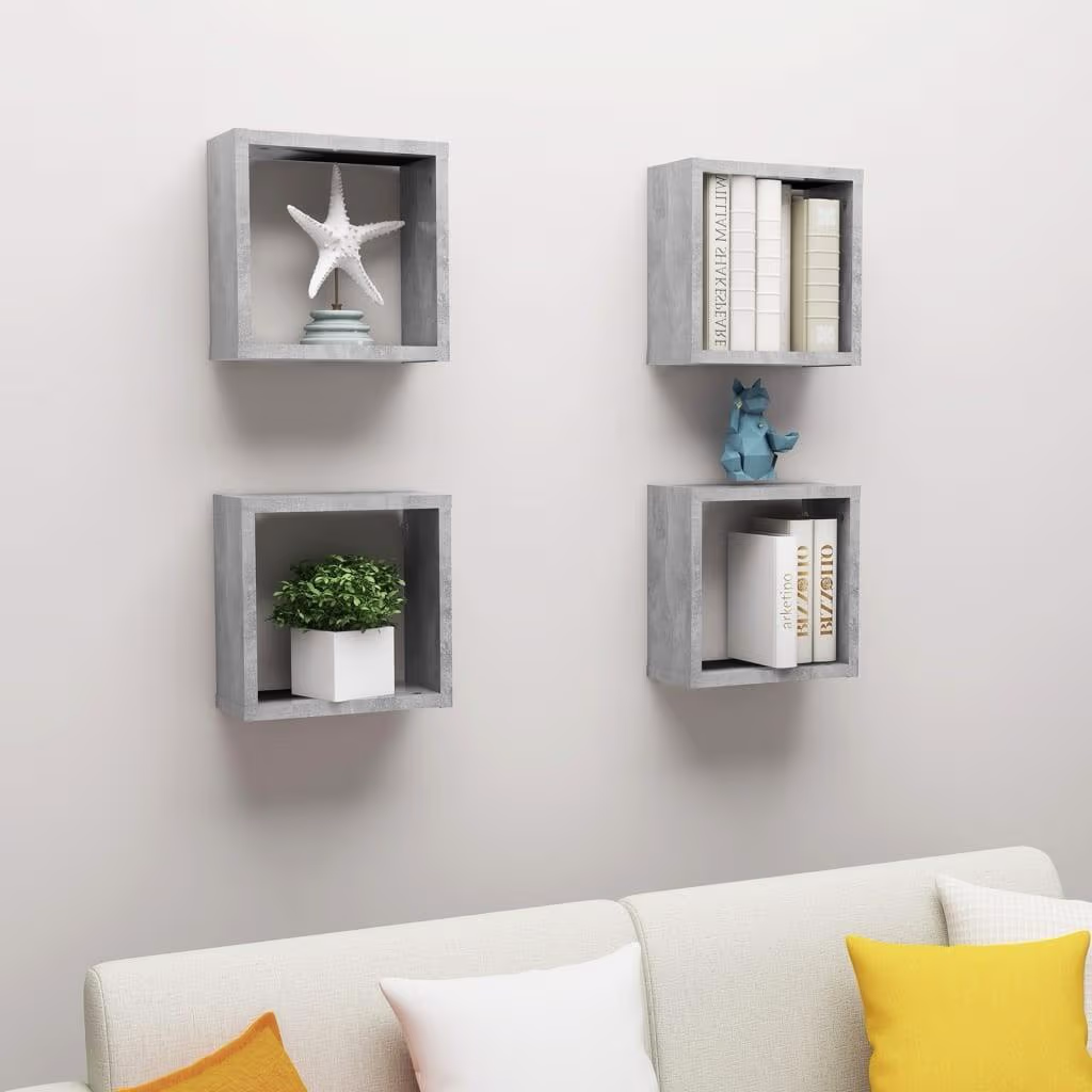 Kubeformede svævehylder - 4 stk. 30 × 15 × 30 cm, betongrå