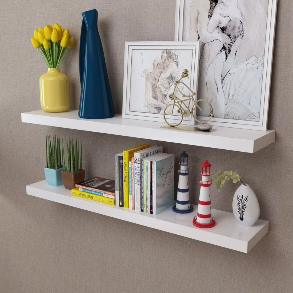 Sæt med 2 svævehylder i MDF - hvid, 100 × 20 cm