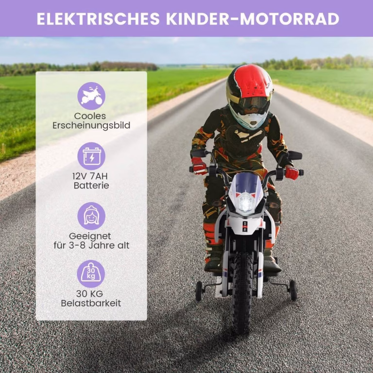 El-motorcykel til børn 12V med træningshjul og musik
